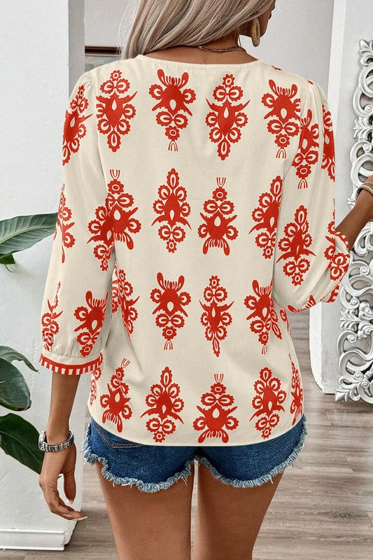 Stacey B's Women Geometric Printed 3/4 Sleeve V Neck Blouse