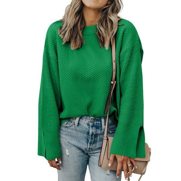 Stacey B's Solid Knit Split Cuff Drop Shoulder Sweater