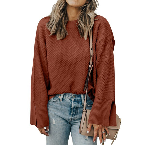 Stacey B's Solid Knit Split Cuff Drop Shoulder Sweater