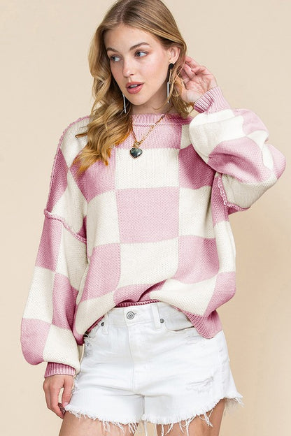Stacey B's Women Checkered Bishop Sleeve Sweater