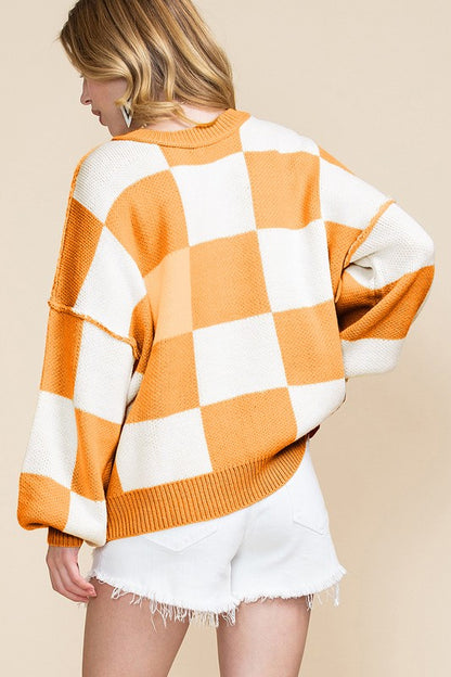 Stacey B's Women Checkered Bishop Sleeve Sweater