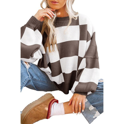 Stacey B's Women Checkered Bishop Sleeve Sweater