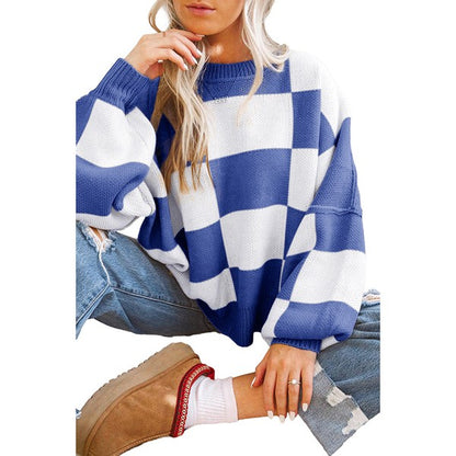 Stacey B's Women Checkered Bishop Sleeve Sweater