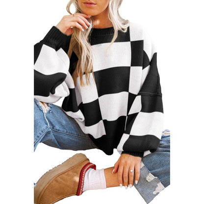 Stacey B's Women Checkered Bishop Sleeve Sweater