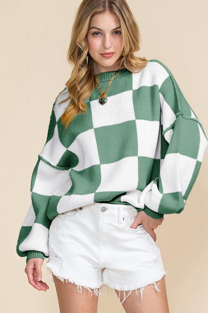 Stacey B's Women Checkered Bishop Sleeve Sweater