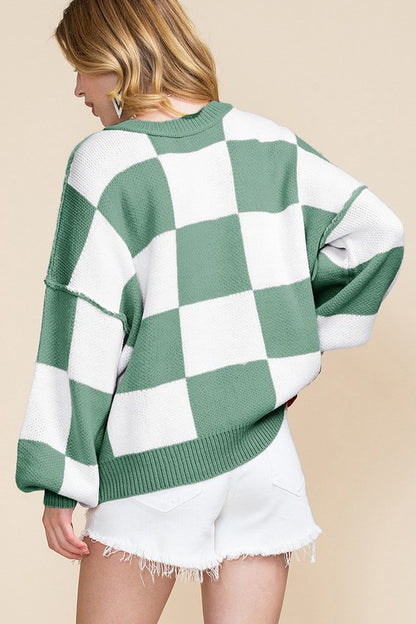 Stacey B's Women Checkered Bishop Sleeve Sweater