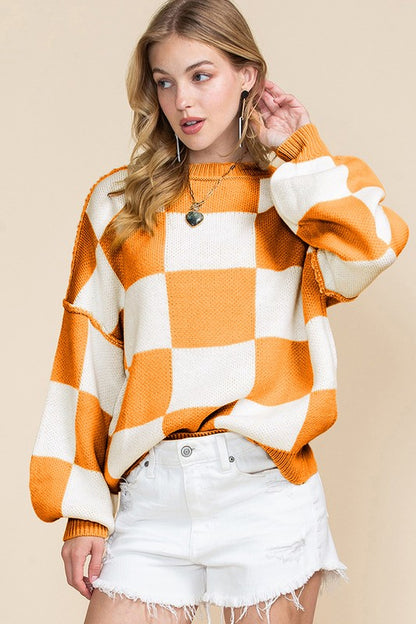 Stacey B's Women Checkered Bishop Sleeve Sweater