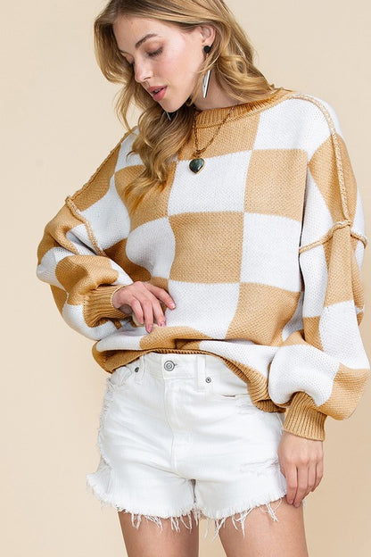 Stacey B's Women Checkered Bishop Sleeve Sweater