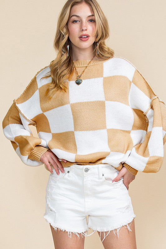 Stacey B's Women Checkered Bishop Sleeve Sweater