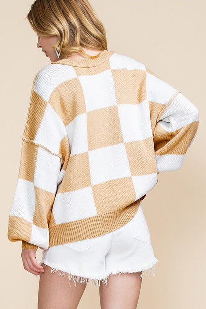 Stacey B's Women Checkered Bishop Sleeve Sweater