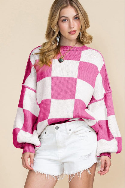 Stacey B's Women Checkered Bishop Sleeve Sweater