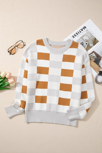 Stacey B's Checkered Ribbed Edge O Neck Drop Shoulder Sweater