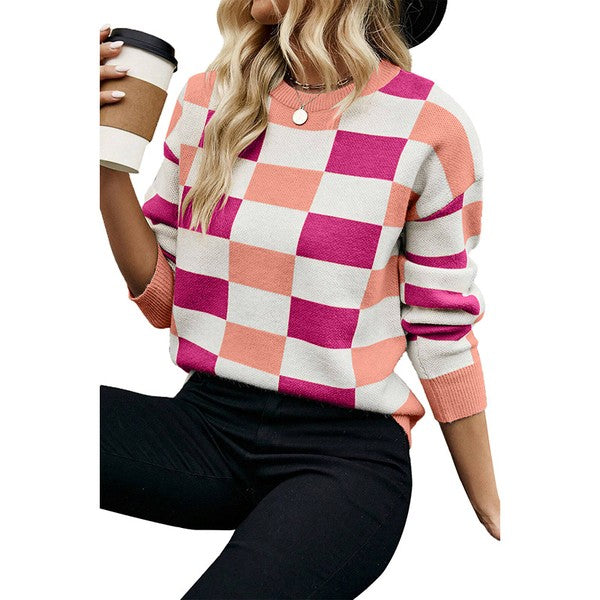 Stacey B's Checkered Ribbed Edge O Neck Drop Shoulder Sweater