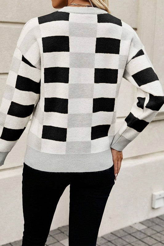 Stacey B's Checkered Ribbed Edge O Neck Drop Shoulder Sweater