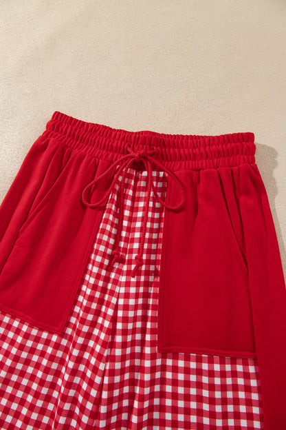 Stacey B's Brown Color Block Plaid Patchwork Long Sleeve Pullover Wide Leg Pant Set