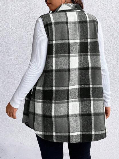 Stacey B's Honey Plus Size Pocketed Plaid Button Up Vest Coat