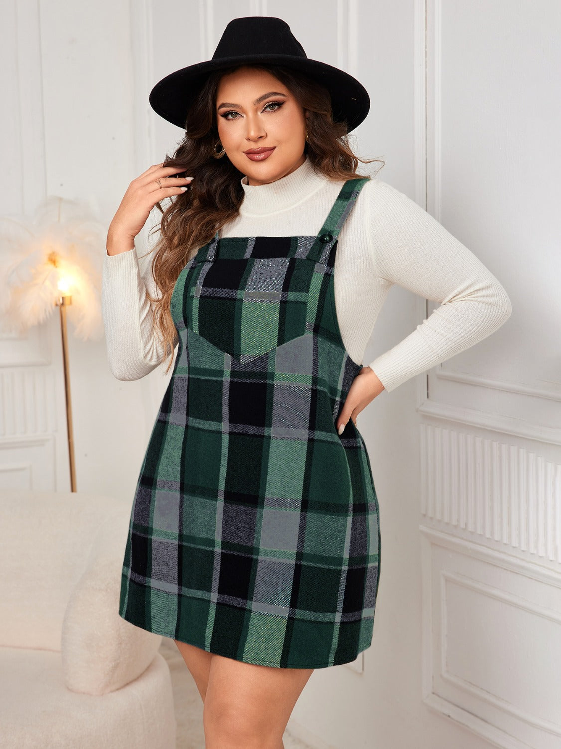 Stacey B's Plus Size Plaid Wide Strap Overall Dress