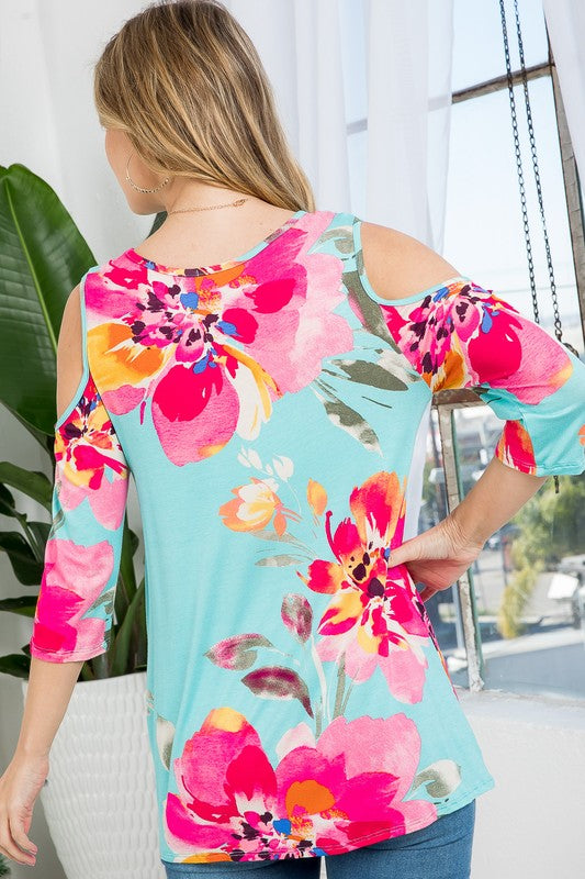 Stacey B's Plus Floral Print Cold Shoulder Top