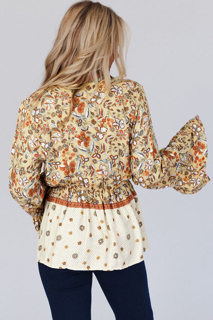 Stacey B's Yellow Printed Floral Bell Sleeve V Neck Wrapped Contrast Peplum Blouse
