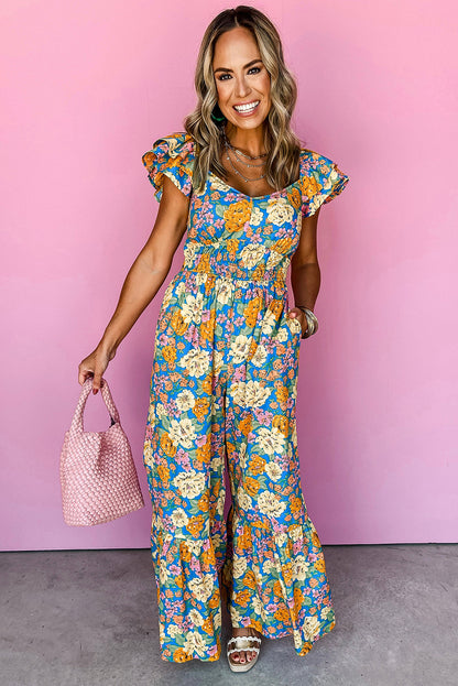 Stacey B's Yellow Floral Allover Print Shirred Cut Out High Waist Jumpsuit