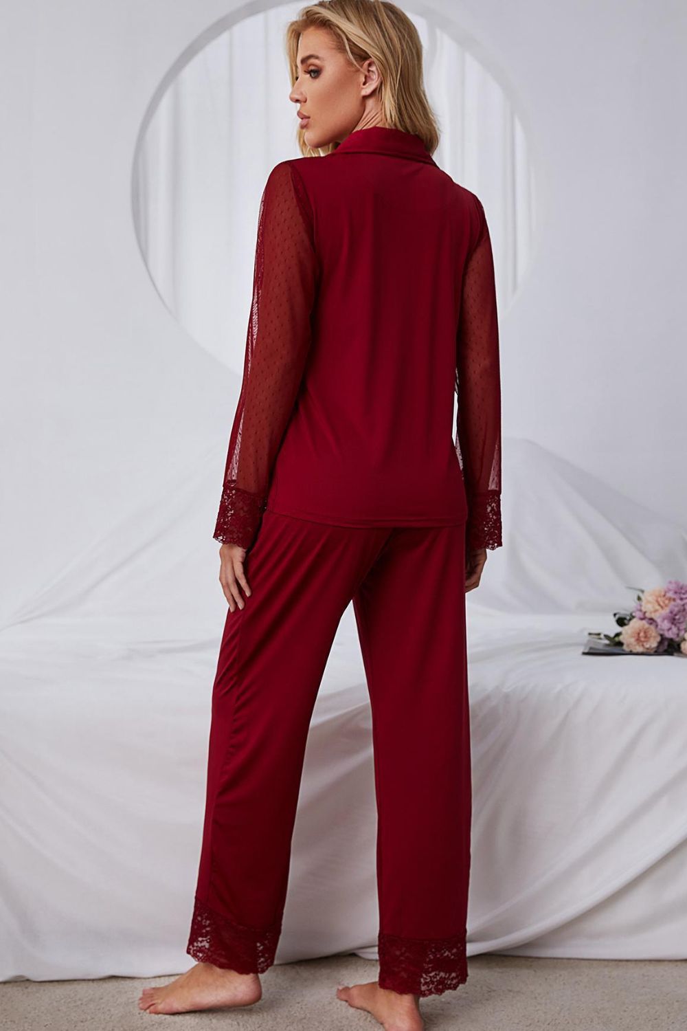 Stacey B's Spliced Lace Lapel Collar Pajama Set