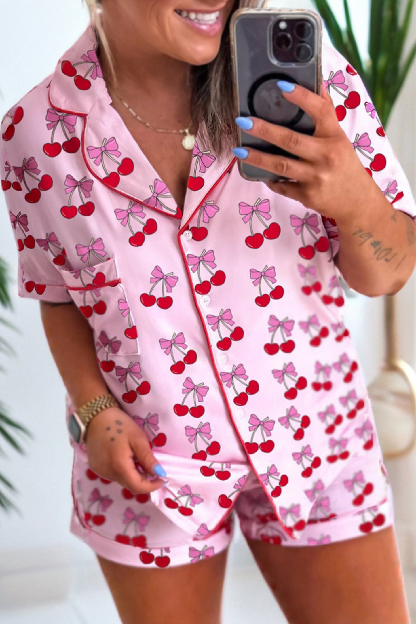 Stacey B's Pink Cherry/Bow Print Short Pajama Set