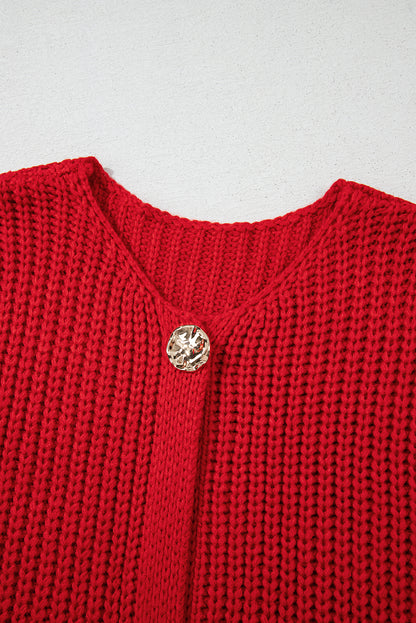 Stacey B's Fiery Red Solid Textured Knit Side Pockets Buttoned Sweater Vest