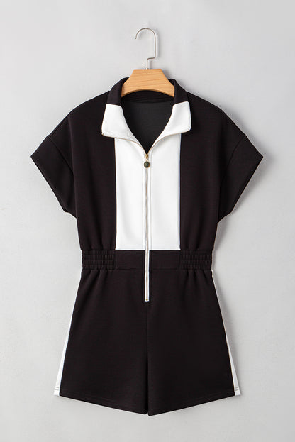Stacey  B's Black Contrast Collar Patchwork Zip Front Romper