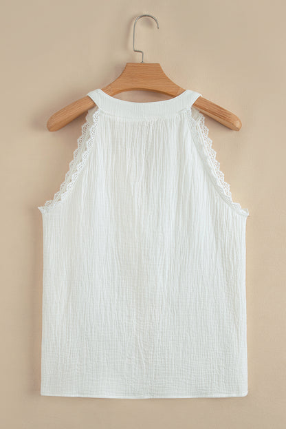 Stacey B's White Textured Lace Trim Pure Cotton Sleeveless Top