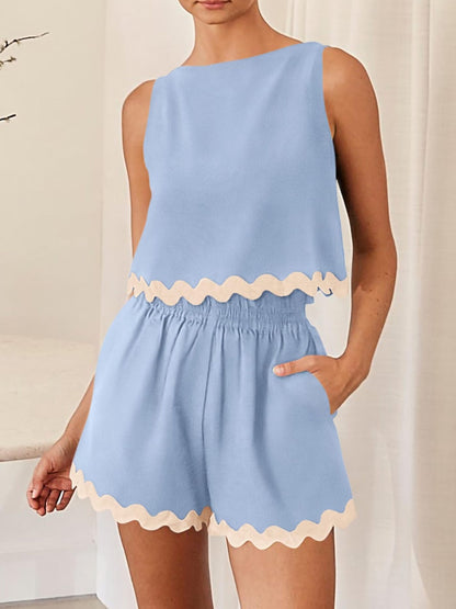 Stacey B's Contrast Trim Round Neck Top and Shorts Set