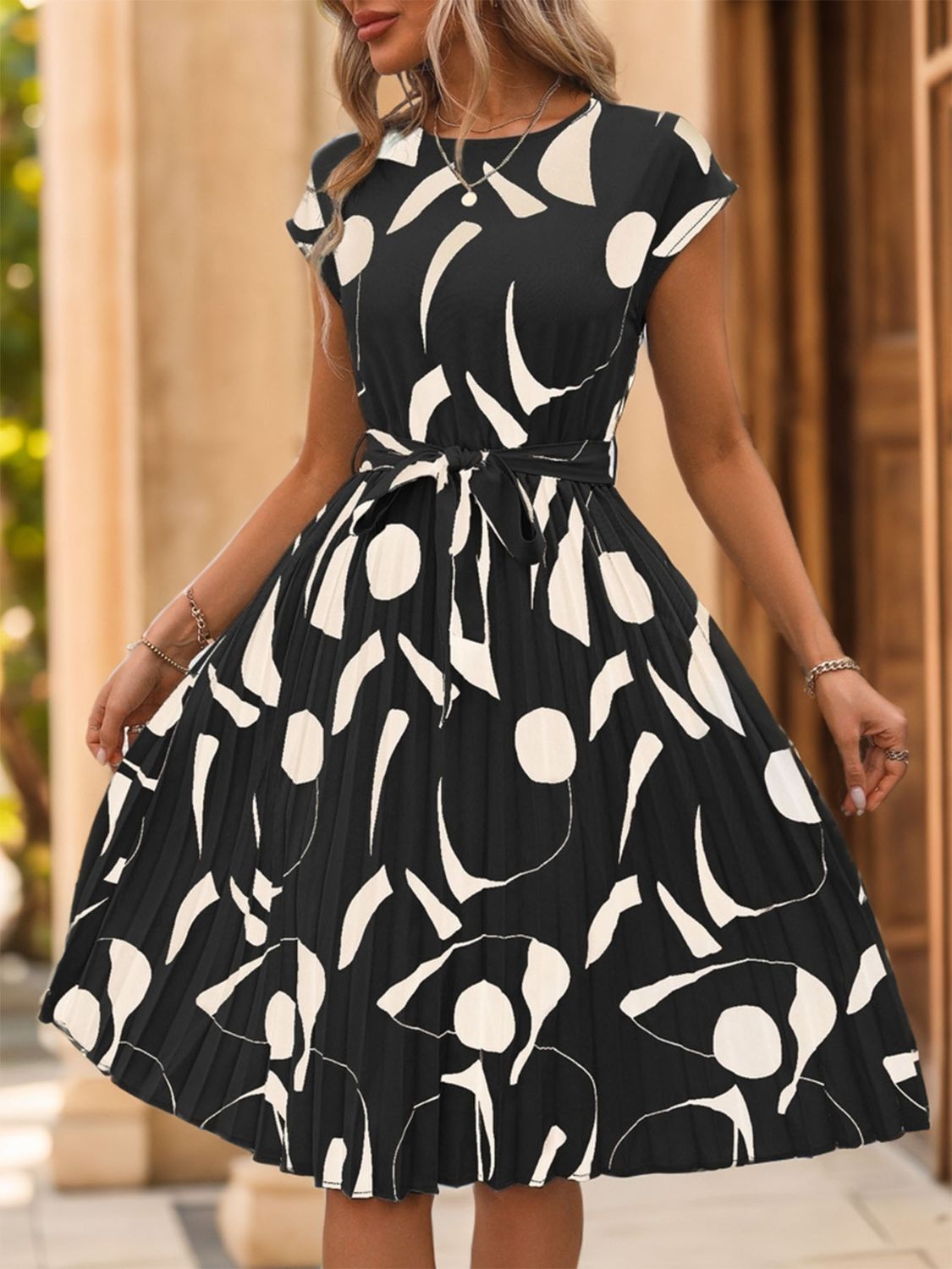 Stacey B's Tied Pleated Printed Cap Sleeve Dress