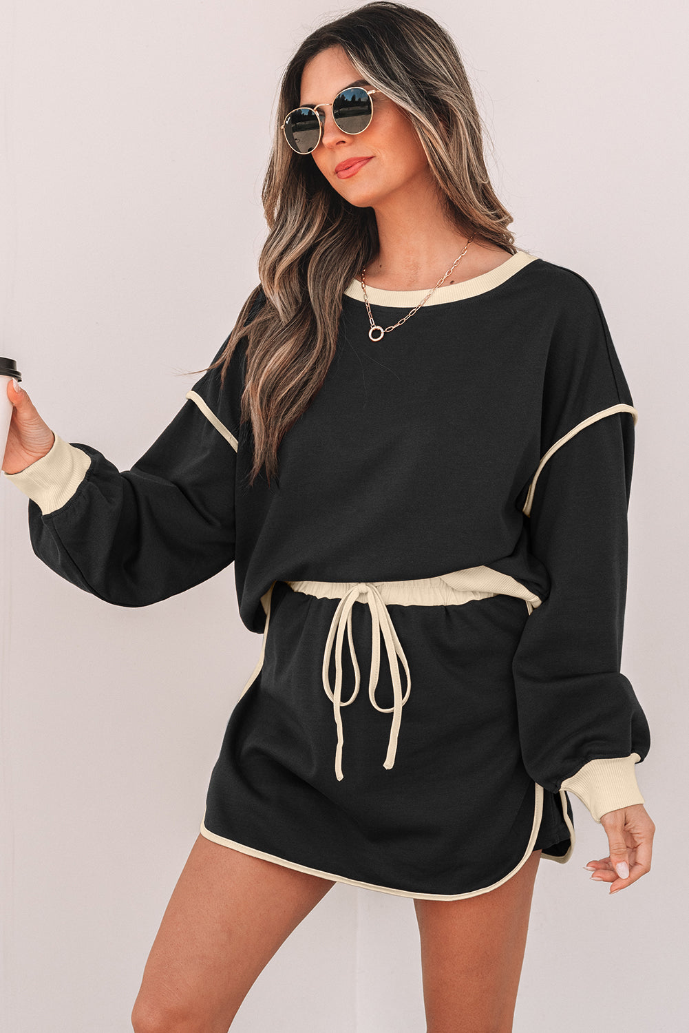 Stacey B's Black Color Contrast Loose Pullover and Lace-up Waist Skort Set