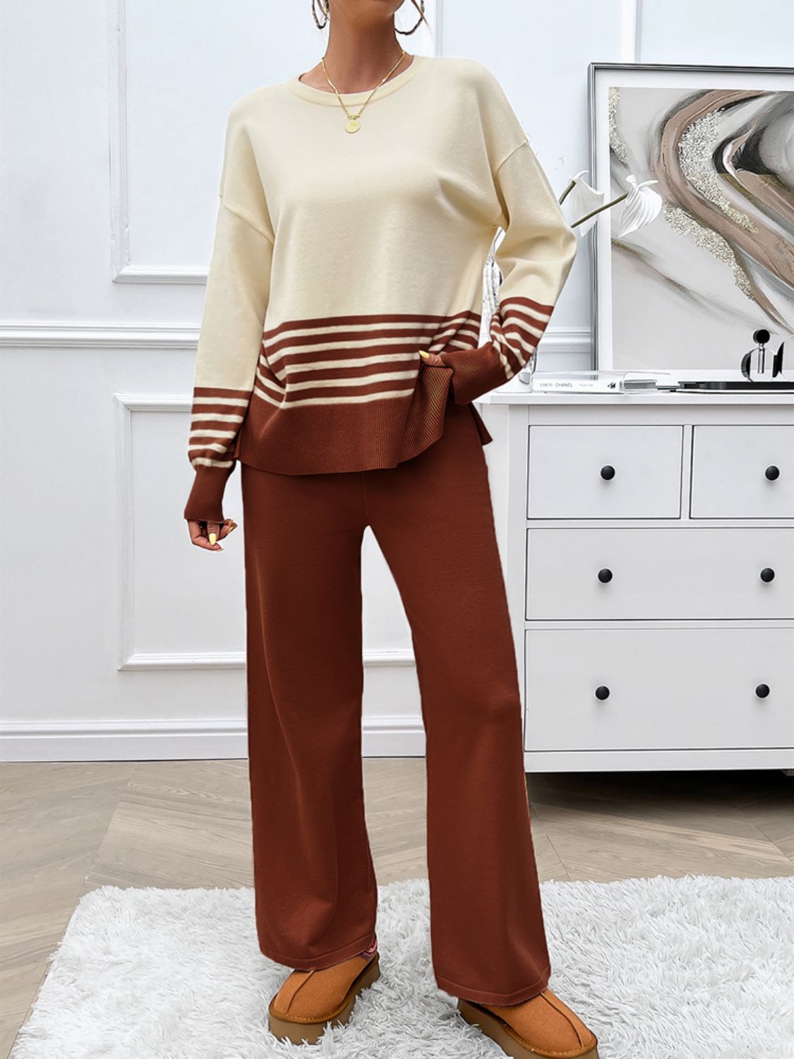Stacey B's Devine Slit Striped Round Neck Top and Pants Sweater Set