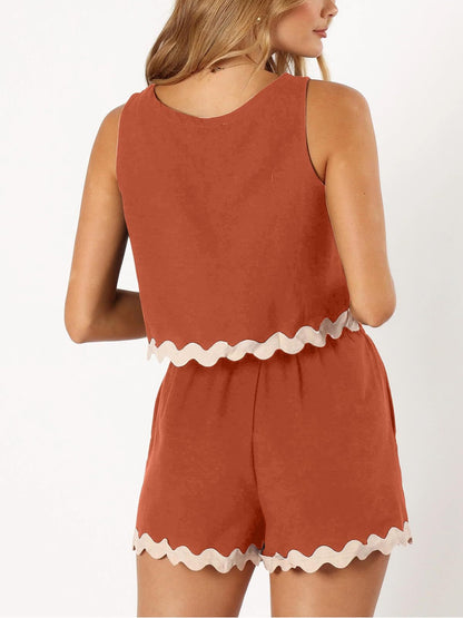 Stacey B's Contrast Trim Round Neck Top and Shorts Set