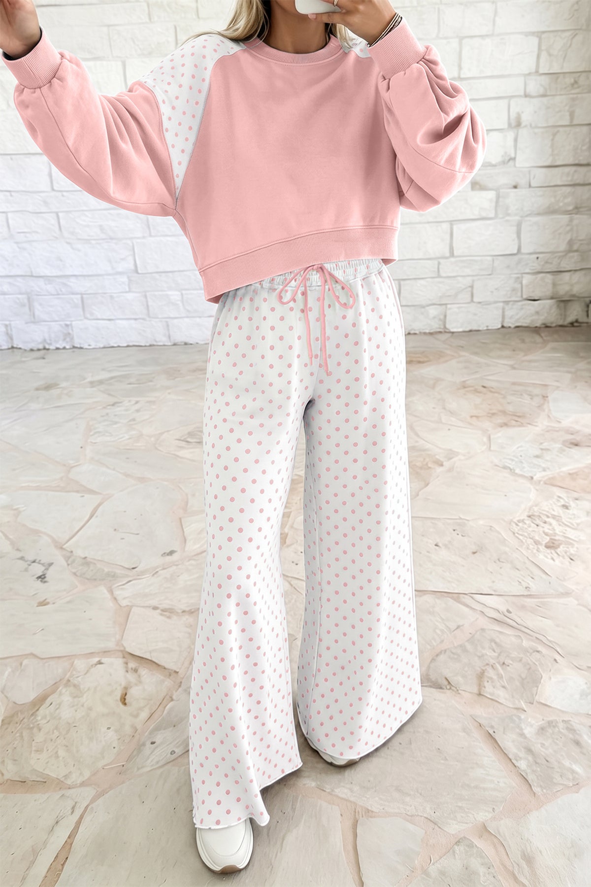 Stacey B's Green Polka Dot Patchwork Colorblock Long Sleeve Casual Two Piece Pants Set