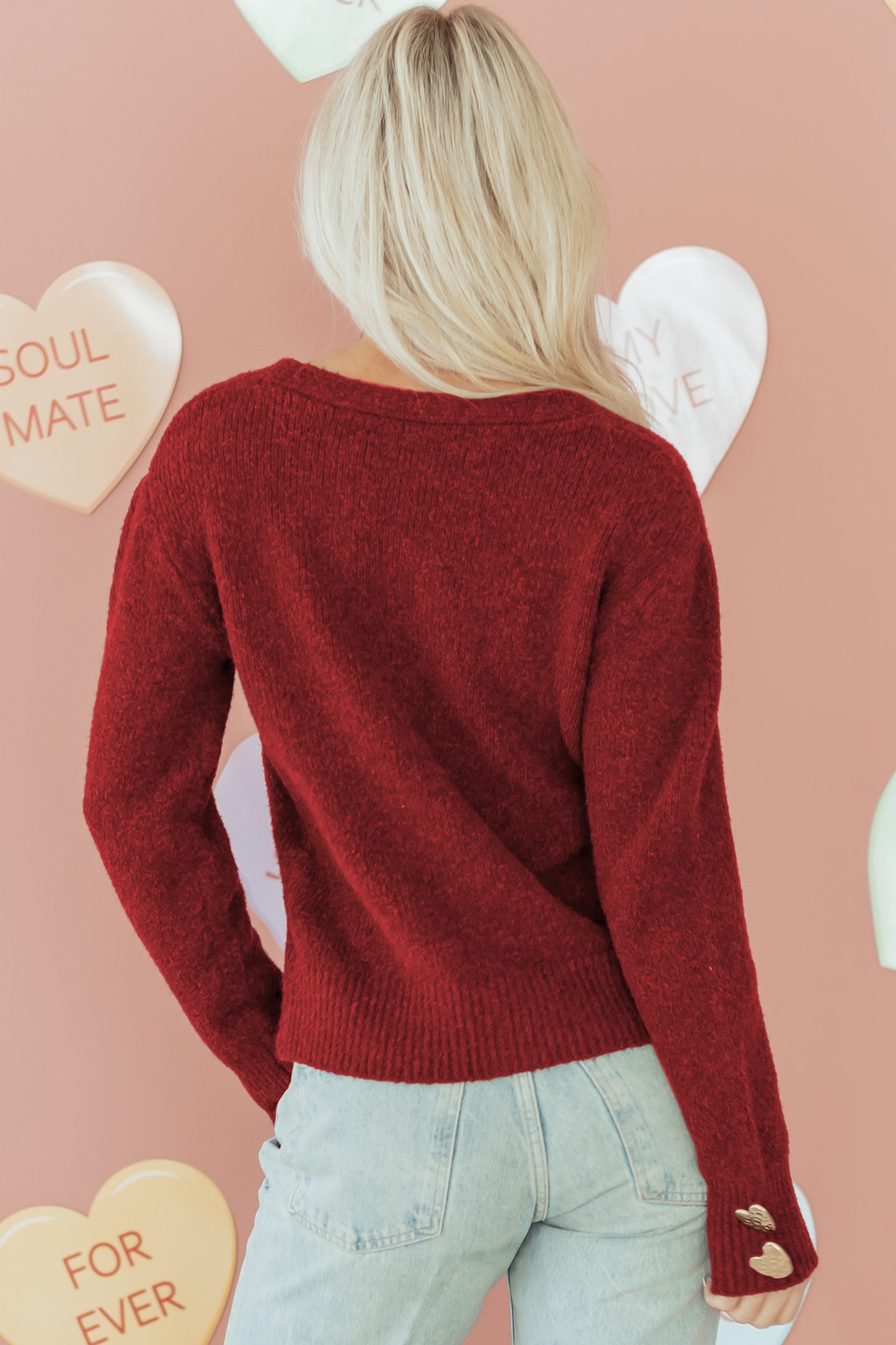Stacey B's Fiery Red Heart Metal Button V Neck Cardigan Sweater