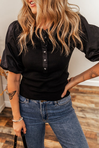 Stacey B's Black Ribbed Patchwork Puff Sleeve Half Button Placket Slim Fit Top