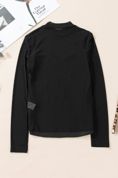 Stacey B's Black Sequin Velvet Sheer Mesh Mock Neck Blouse
