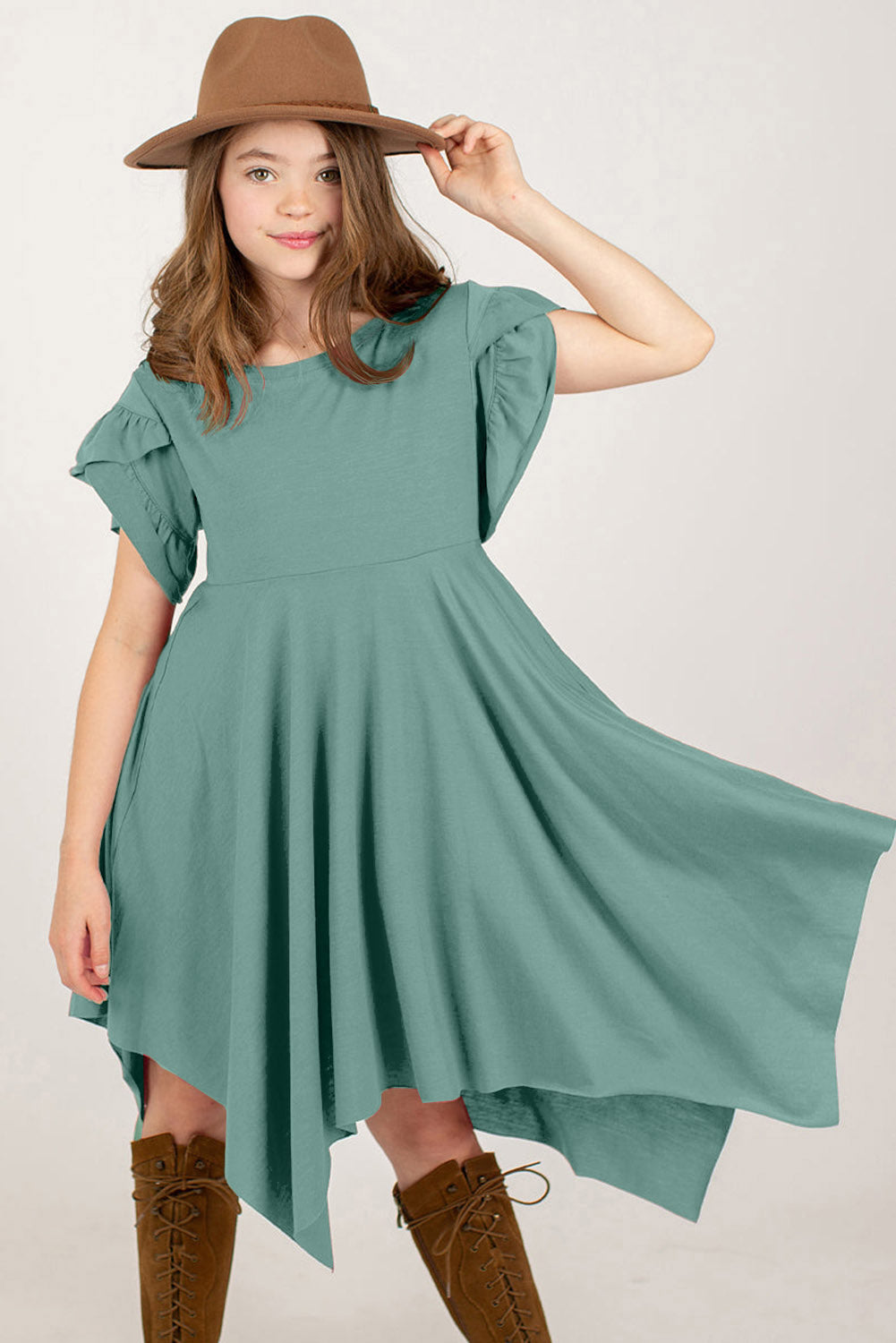 Stacey B's Round Neck Petal Sleeve Dress