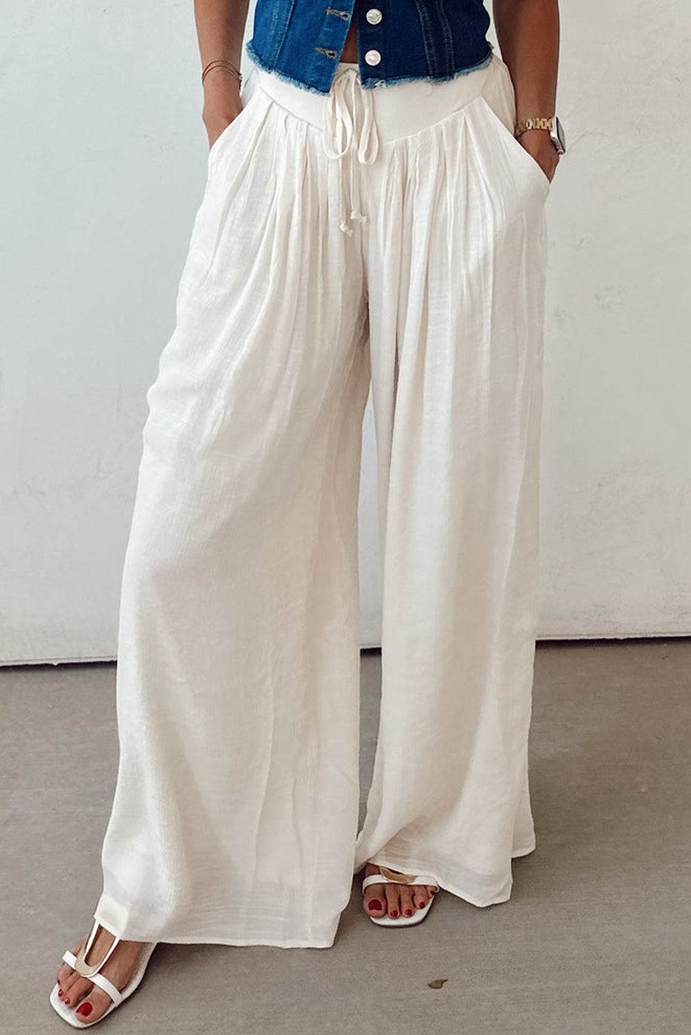 Stacey B's White Casual Tie Waist Pleated Wide Leg Pants