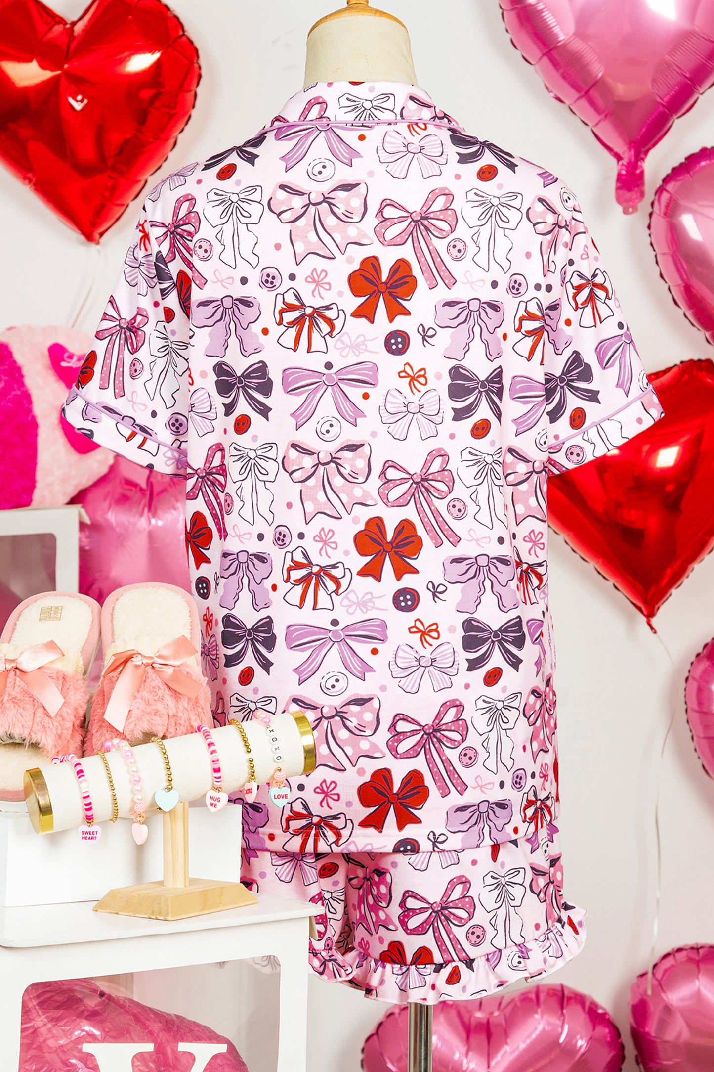 Stacey B's Pink Cute Ribbon Bows Printed Shirt Style 2pcs Short Pajama Set