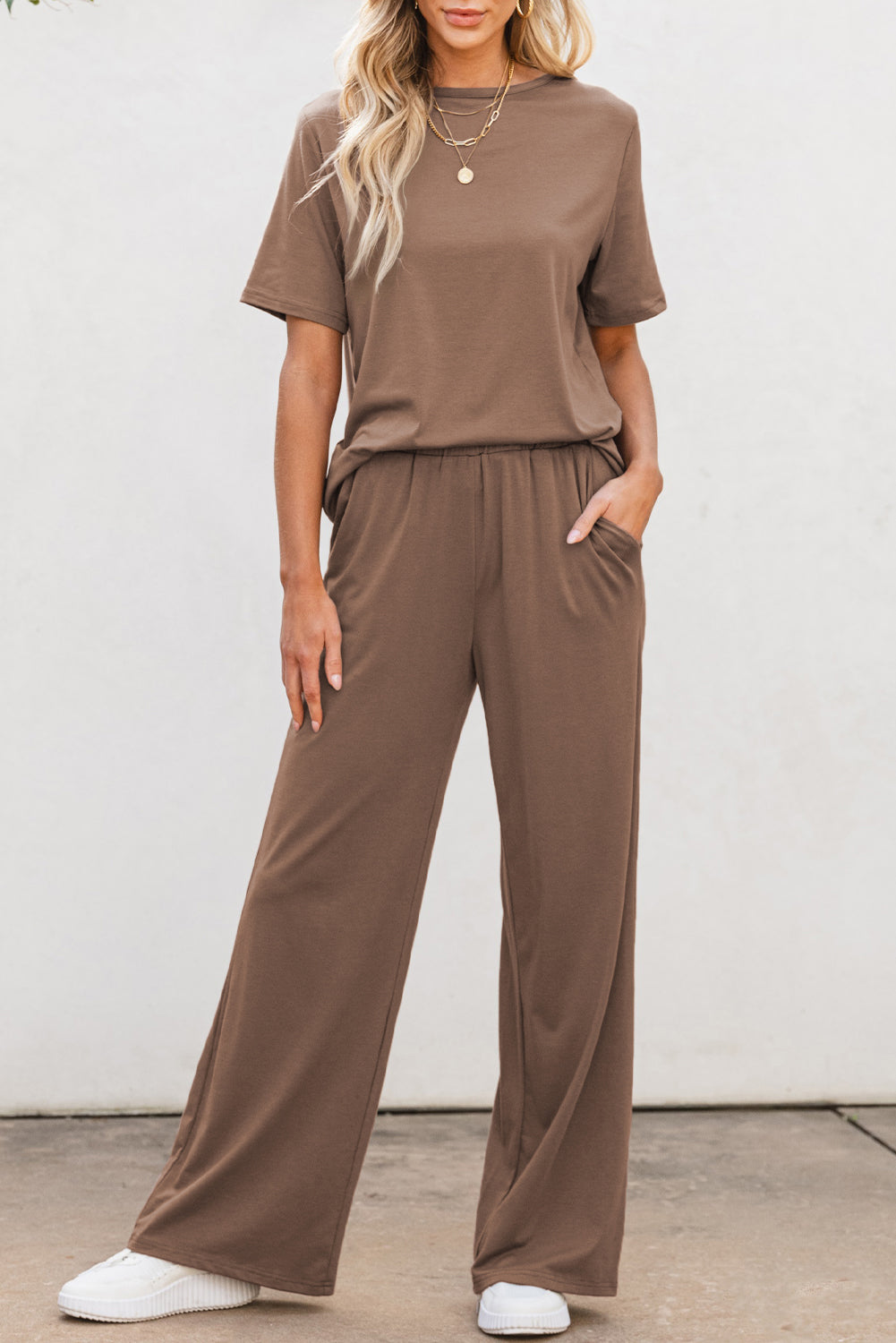 Stacey B's Smoke Gray Solid Color T Shirt 2pcs Wide Leg Pants Set