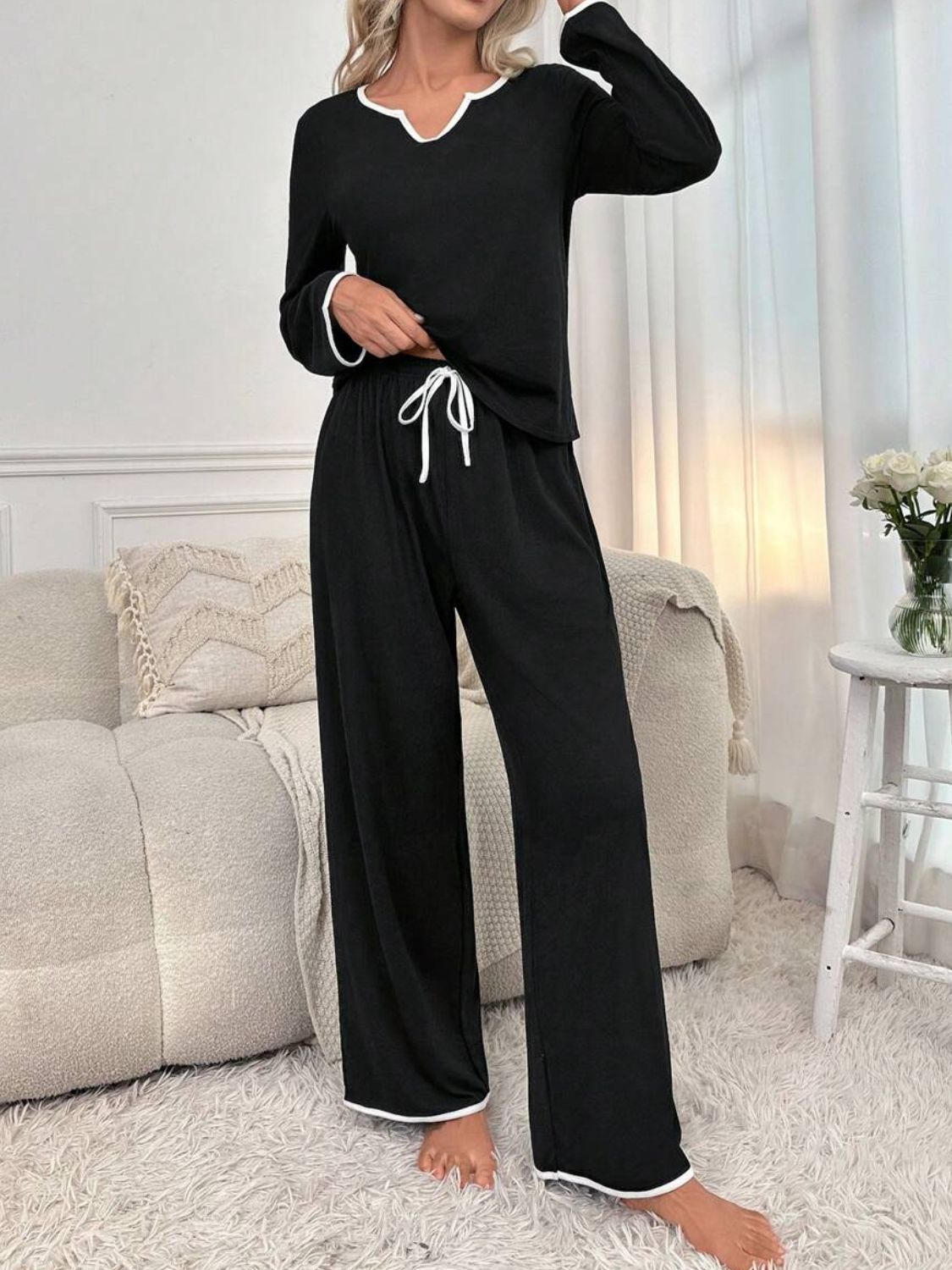 Stacey B's Contrast Trim Notched Long Sleeve Top and Pants Lounge Set