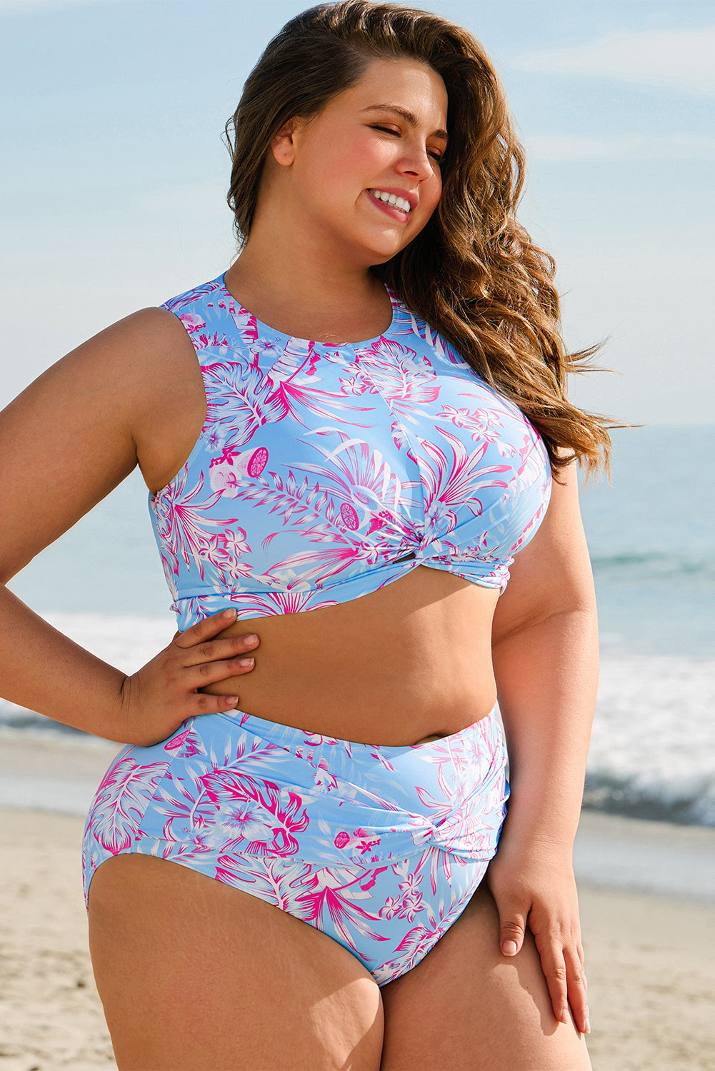 Stacey B's Sky Blue Plus Size Floral Print Twisted High Waist Bikini Set