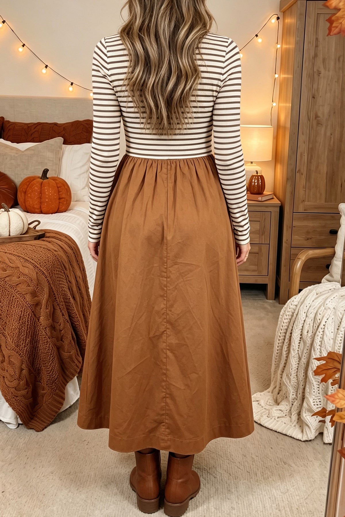 Stacey B's Brown Stripe Ribbed Knit Long Sleeve Bodice Contrast Patchwork Flared Dress