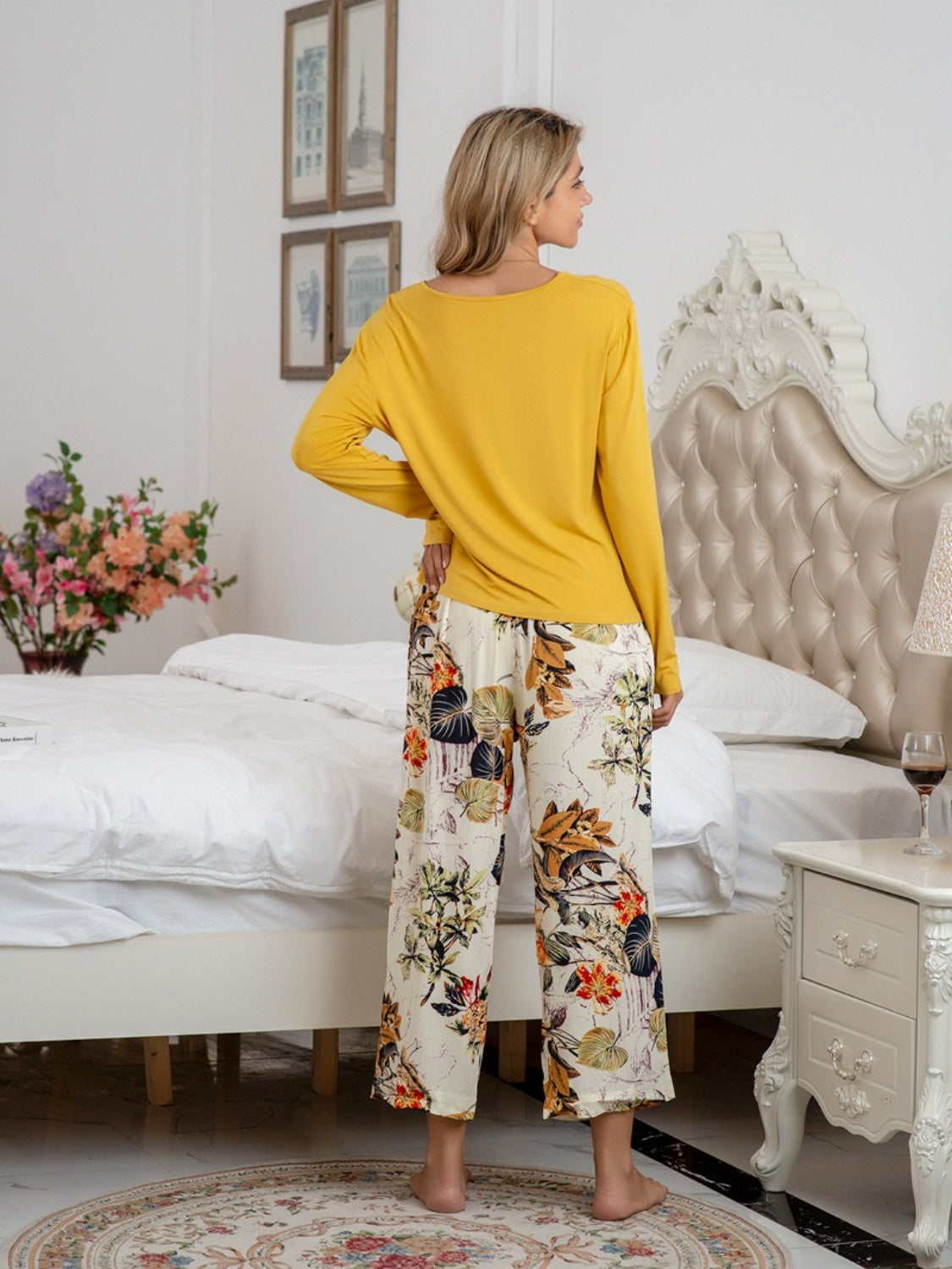 Stacey B's Round Neck Top and Printed Pants Lounge Set