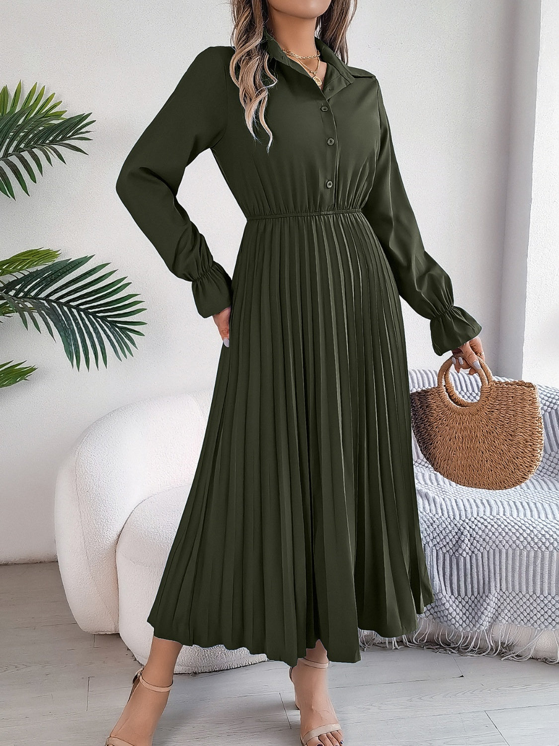 Stacey B's Pleated Half Button Long Sleeve Midi Dress