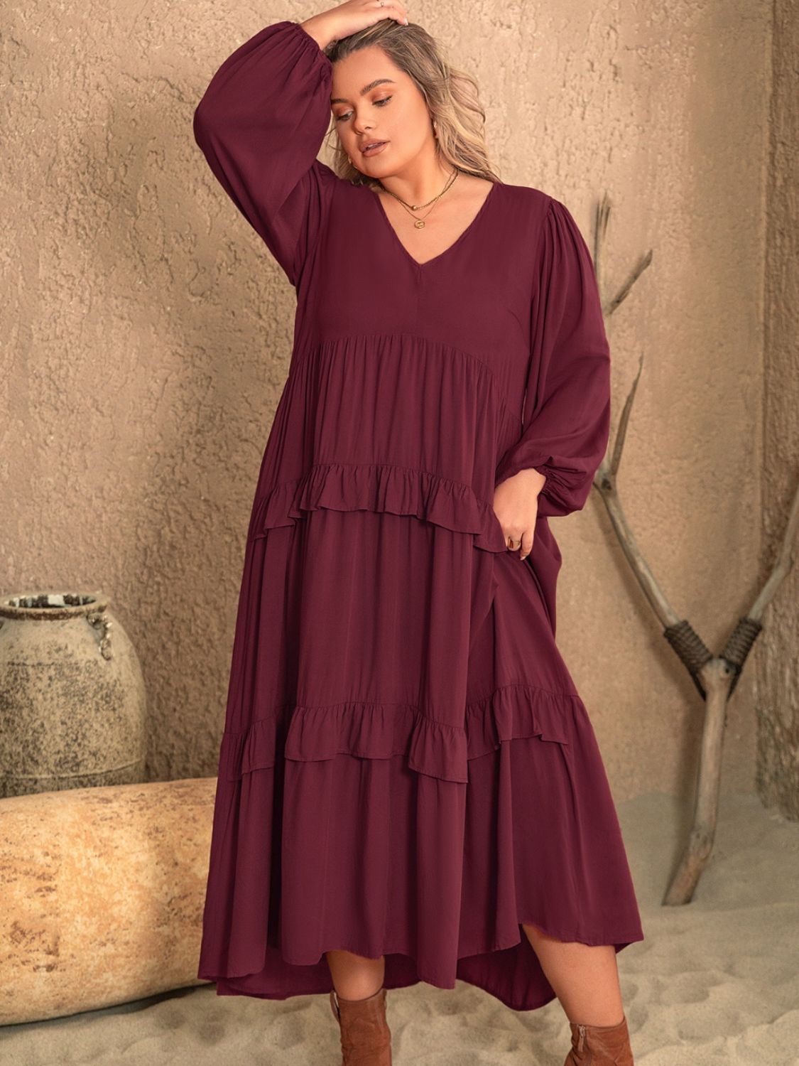 Stacey B's  Ruffled V-Neck Long Sleeve Dress