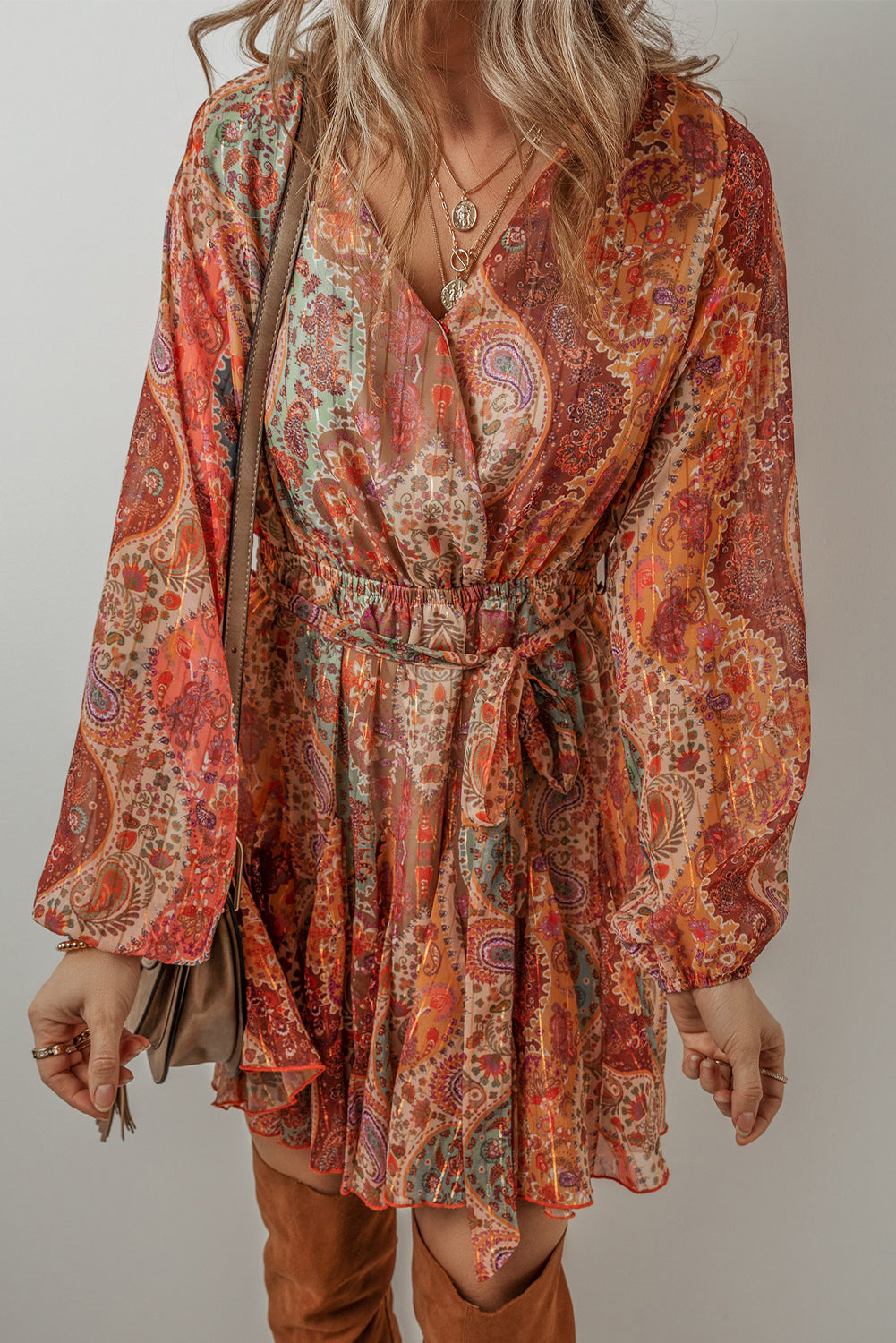 Stacey B's Orange Boho Paisley Print Long Sleeve Pleated Belted Mini Dress