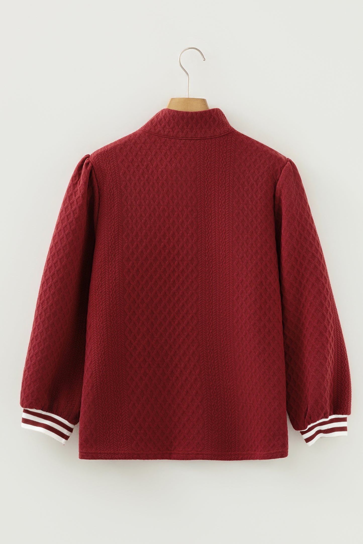 Stacey B's Racing Red Rhombus Textured Striped Patchwork Zip Neck Pullover Sweatshirt